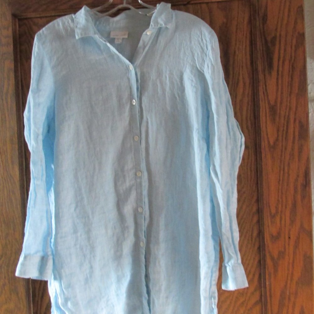 J Jill Love Linen Large Button Shirt Blue Long Sleeve Tunic Length